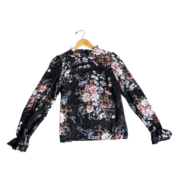 Womens Floral Sheer Blouse Black Long Sleeve Ruffle Neck Romantic Top Small - Picture 10 of 16